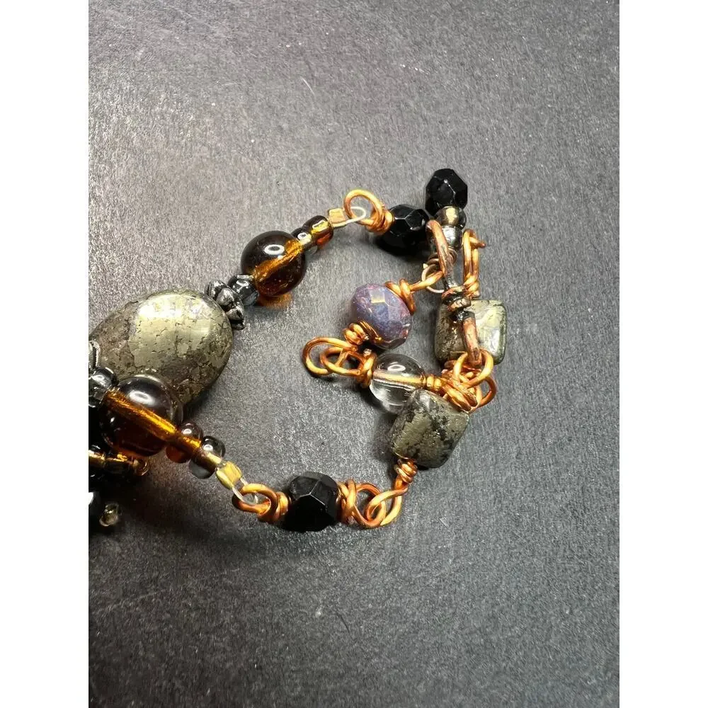 Artisan Copper Wire Necklace Glass Onyx Pyrite Amber Pearl 17”